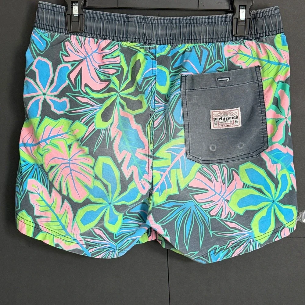 Party Pants Mens Tropical Floral Swim Trunks Neon Pink Green Blue Small
